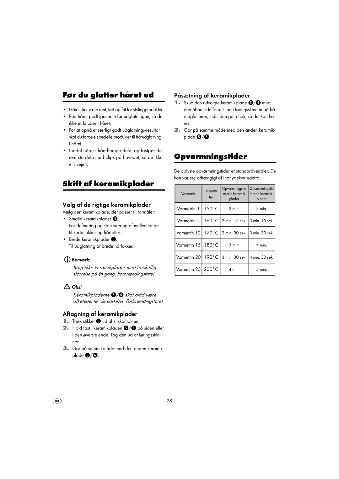 Kompernass KH 5525 instruction manual Før du glatter håret ud, Skift af keramikplader, Opvarmningstider 