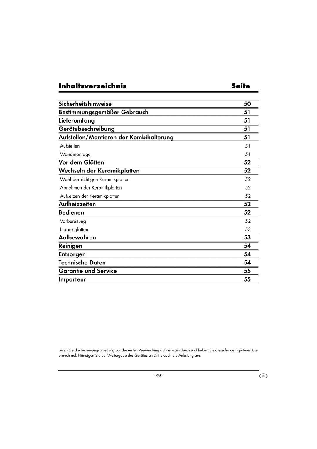 Kompernass KH 5525 instruction manual Inhaltsverzeichnis Seite, Vor dem Glätten Wechseln der Keramikplatten 