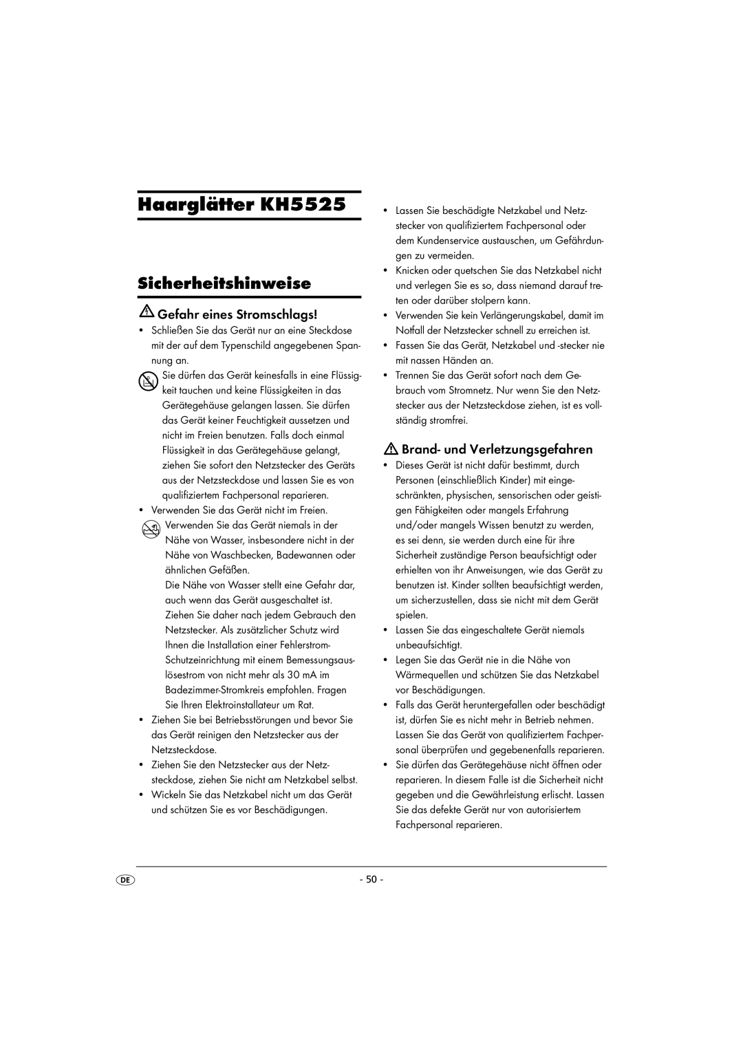 Kompernass KH 5525 instruction manual Sicherheitshinweise, Gefahr eines Stromschlags, Brand- und Verletzungsgefahren 