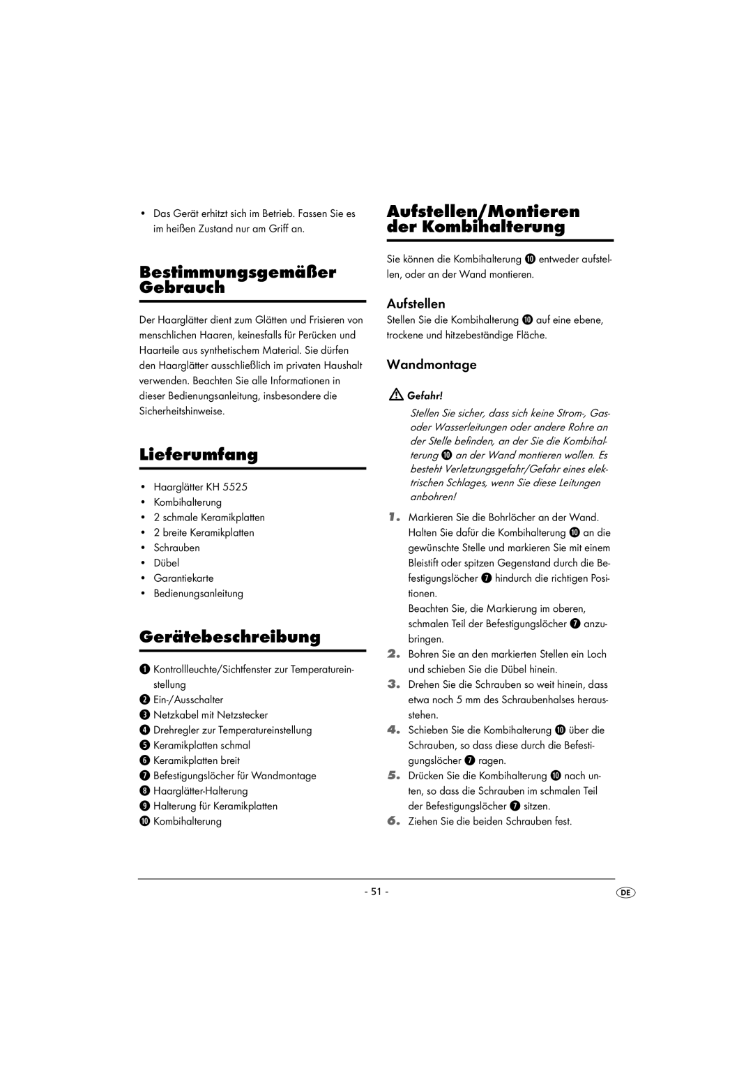 Kompernass KH 5525 Bestimmungsgemäßer Gebrauch, Lieferumfang, Gerätebeschreibung, Aufstellen/Montieren der Kombihalterung 