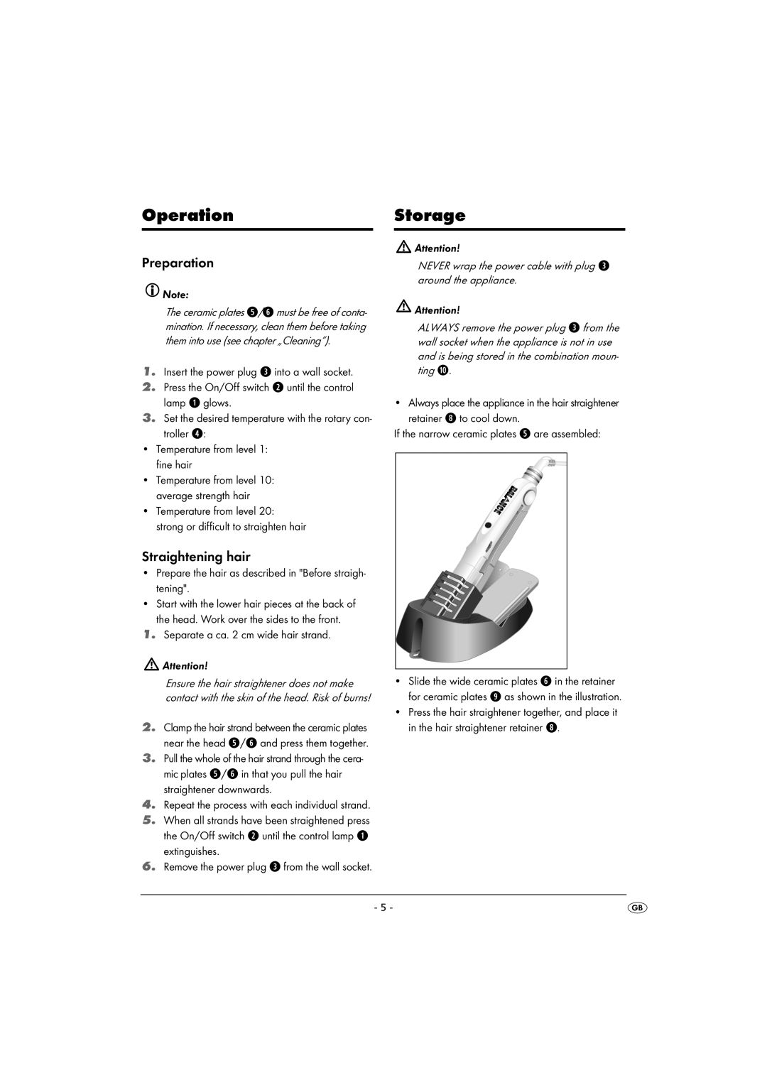 Kompernass KH 5525 instruction manual Operation, Storage, Preparation, Straightening hair 