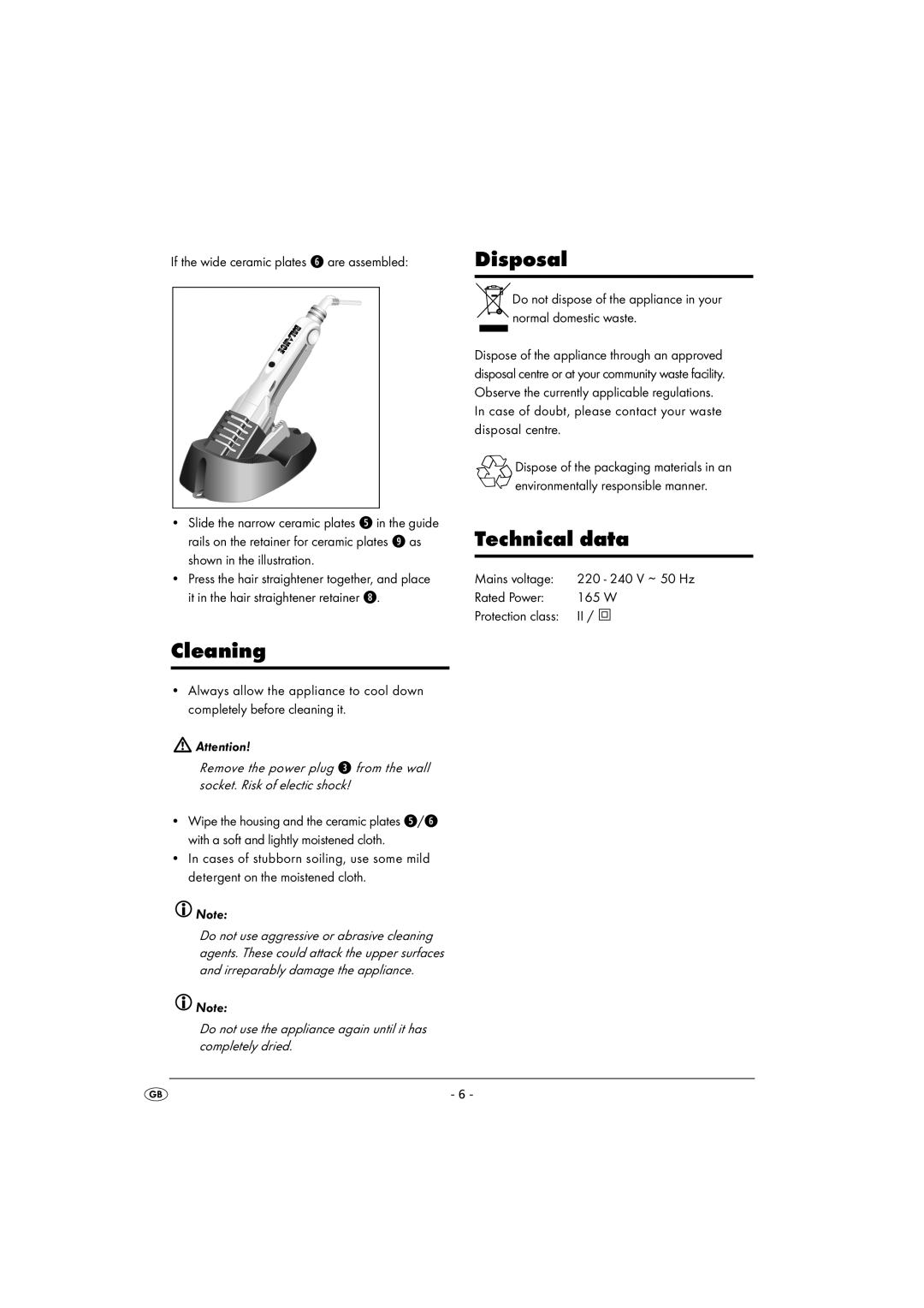 Kompernass KH 5525 instruction manual Cleaning, Disposal, Technical data 