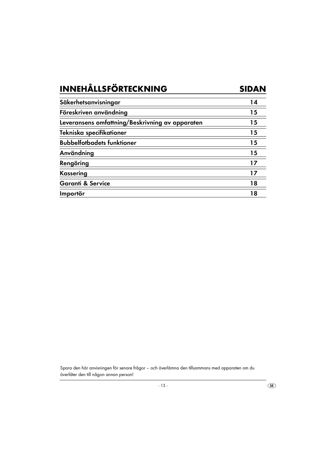 Kompernass KH 5557 operating instructions Innehållsförteckning Sidan 