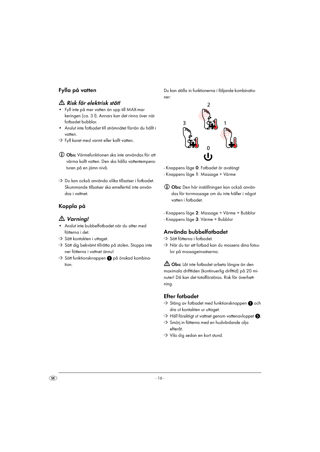 Kompernass KH 5557 operating instructions Risk för elektrisk stöt, Varning 