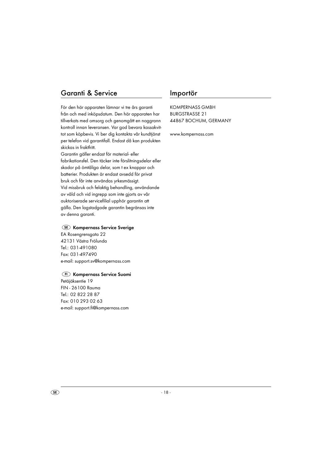 Kompernass KH 5557 operating instructions Garanti & Service Importör, Bruk och får inte användas yrkesmässigt 