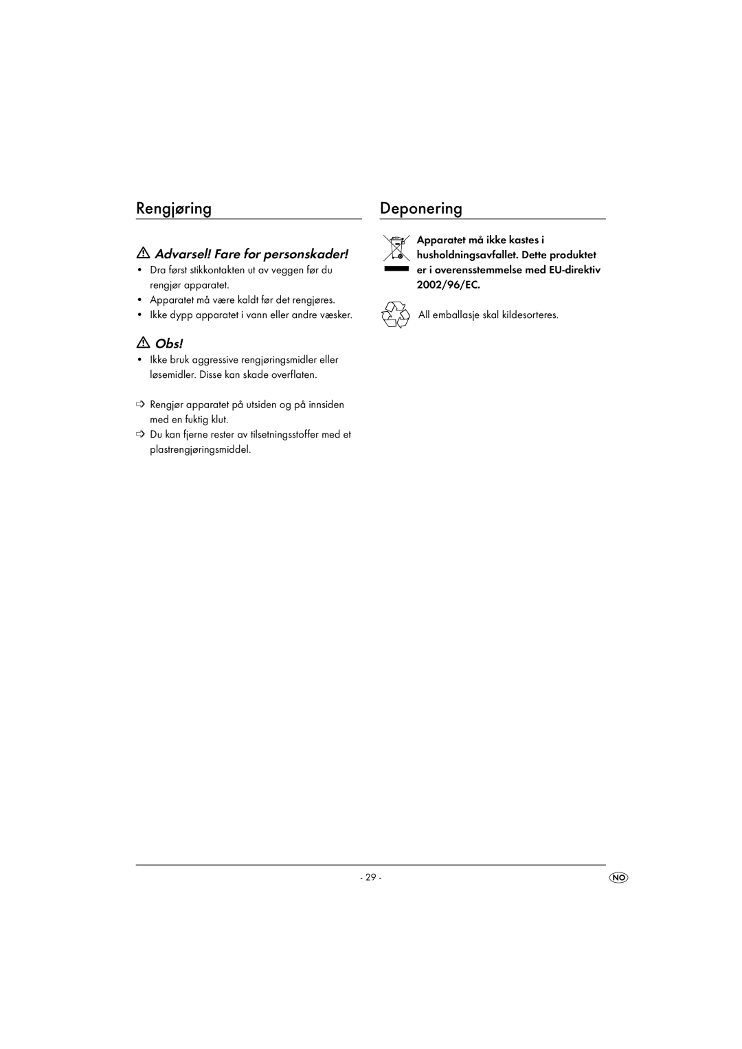 Kompernass KH 5557 operating instructions Rengjøring, Deponering, Obs 