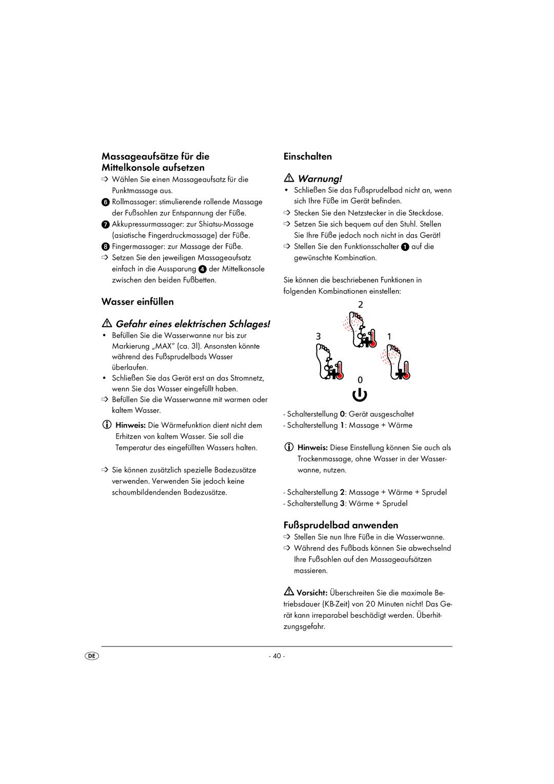 Kompernass KH 5557 operating instructions Gefahr eines elektrischen Schlages, Warnung 