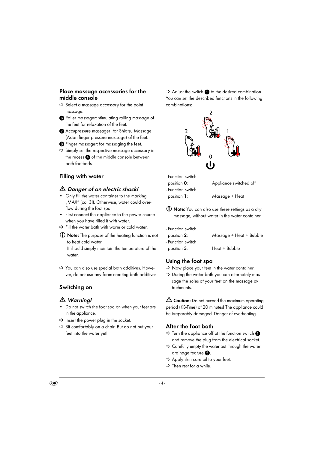 Kompernass KH 5557 Place massage accessories for the middle console, Filling with water, Switching on, Using the foot spa 