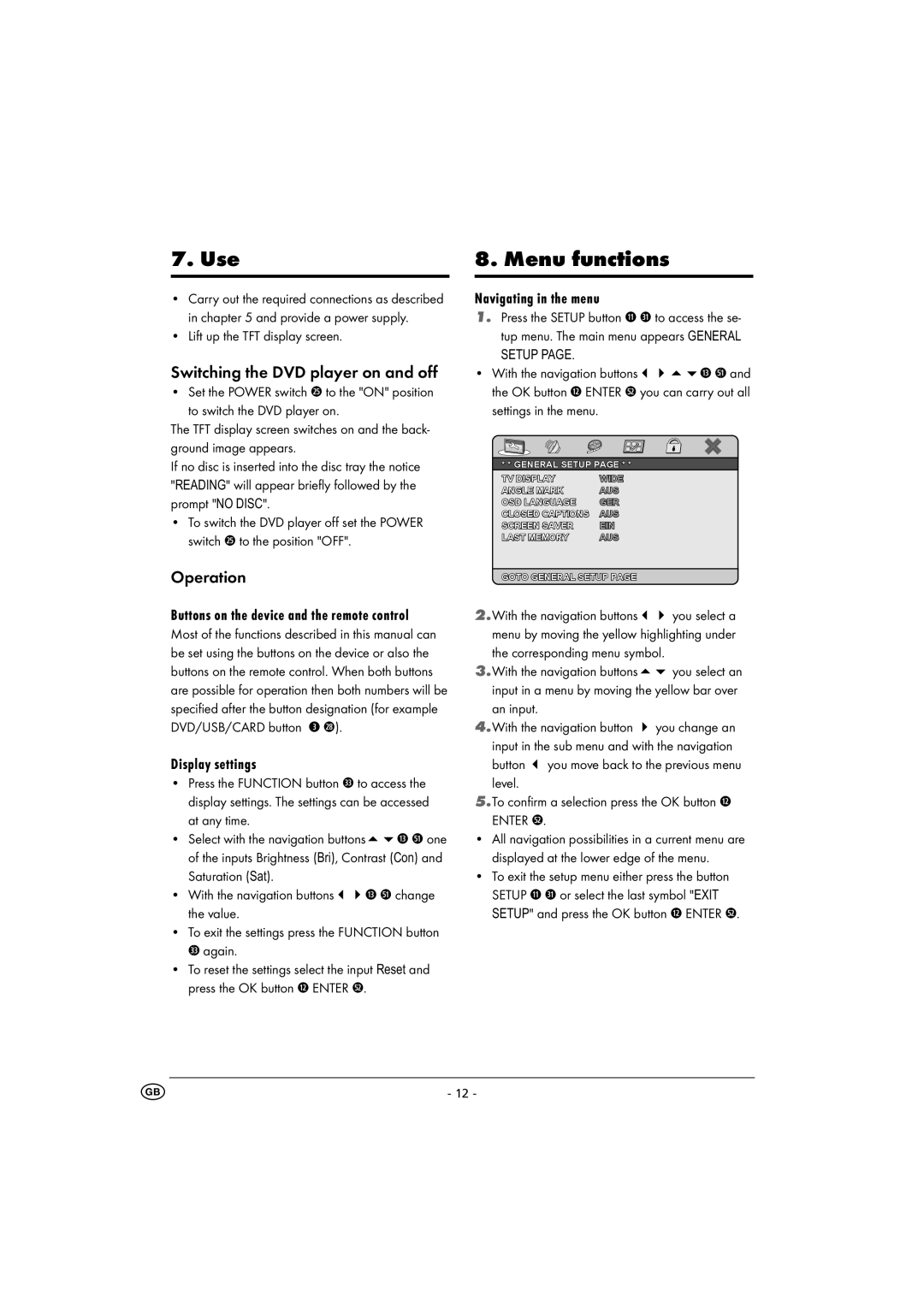 Kompernass KH 6500 instruction manual Use, Menu functions, Switching the DVD player on and off, Operation 