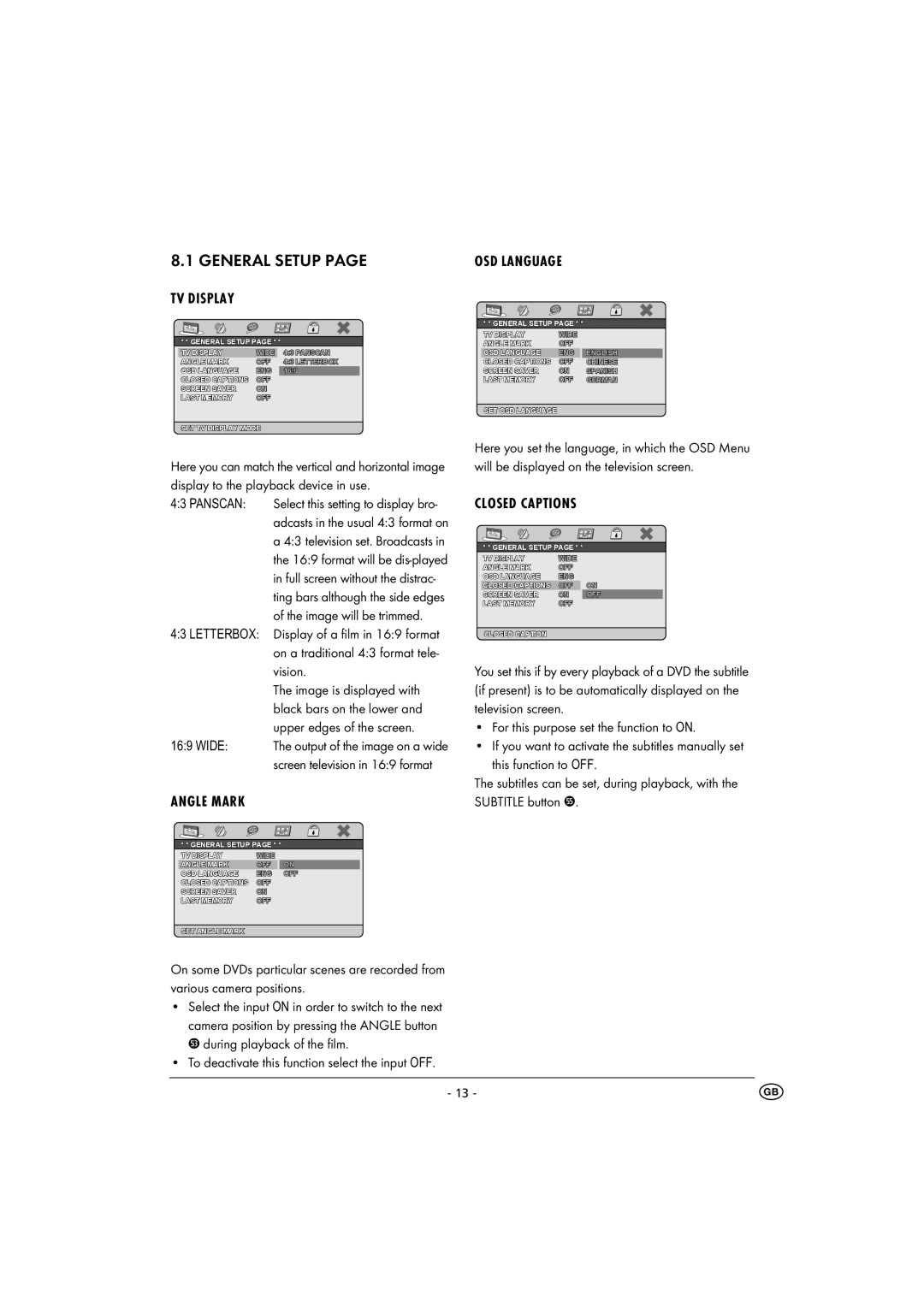 Kompernass KH 6500 instruction manual General Setup, TV Display, Angle Mark, OSD Language, Closed Captions 