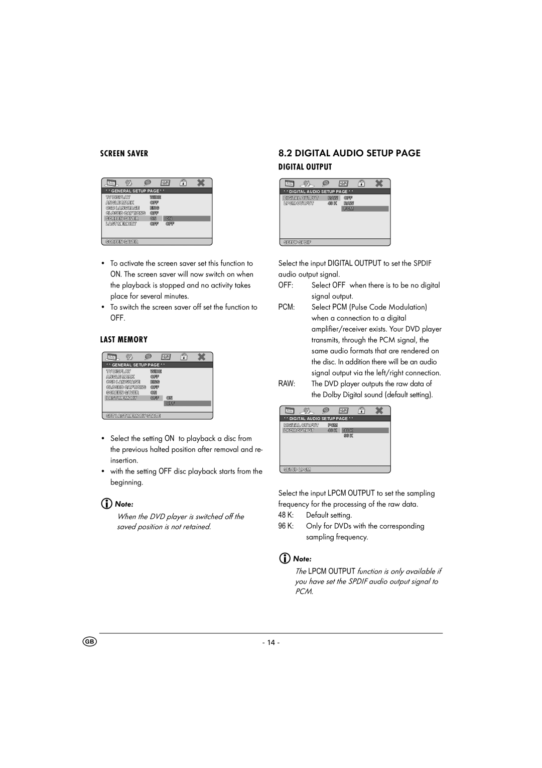 Kompernass KH 6500 instruction manual Digital Audio Setup, Screen Saver, Last Memory, Digital Output 