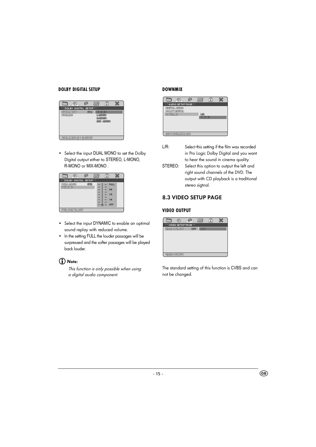 Kompernass KH 6500 instruction manual Video Setup, Dolby Digital Setup, Downmix, Video Output 