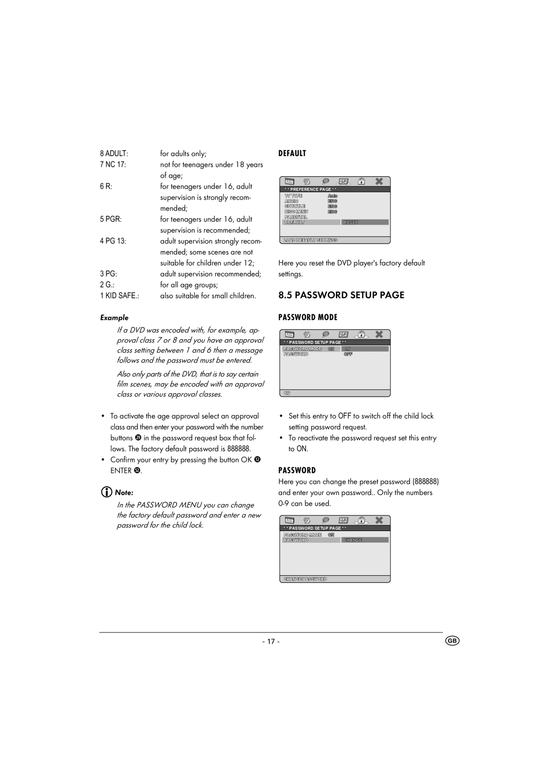 Kompernass KH 6500 instruction manual Password Setup, Default, Password Mode 