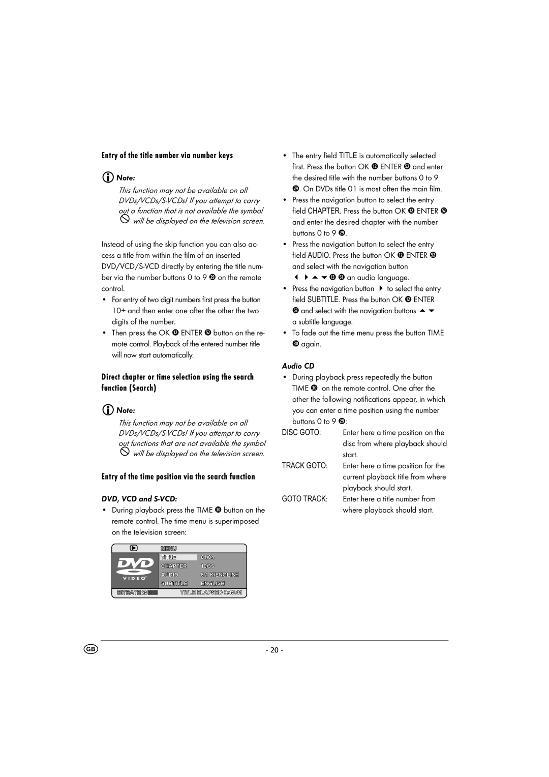 Kompernass KH 6500 Entry of the title number via number keys, Entry of the time position via the search function 