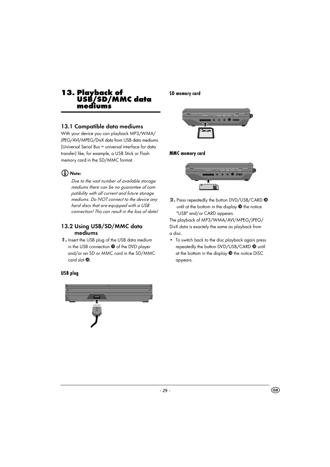 Kompernass KH 6500 Playback of USB/SD/MMC data mediums, Compatible data mediums, Using USB/SD/MMC data mediums 