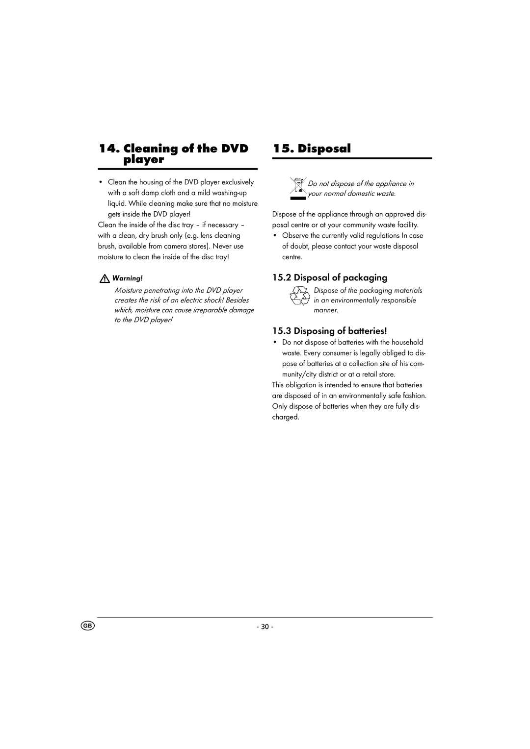 Kompernass KH 6500 instruction manual Cleaning of the DVD player, Disposal of packaging, Disposing of batteries 