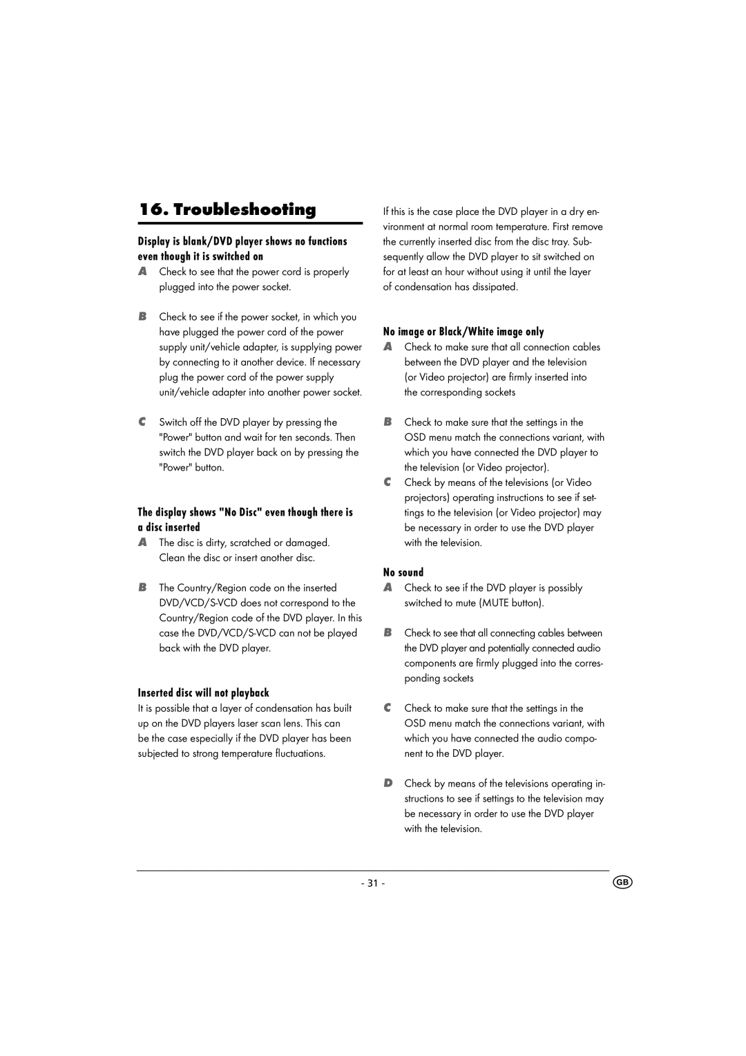 Kompernass KH 6500 instruction manual Troubleshooting, Display shows No Disc even though there is a disc inserted, No sound 