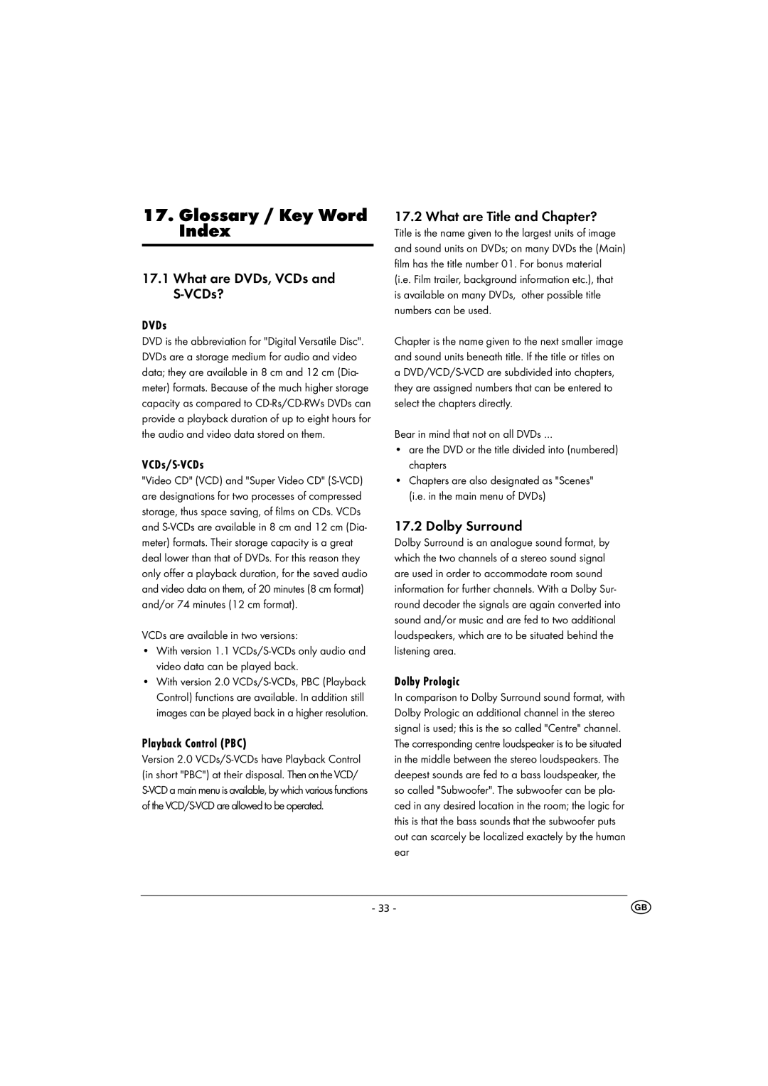 Kompernass KH 6500 Glossary / Key Word Index, What are DVDs, VCDs and S-VCDs?, What are Title and Chapter?, Dolby Surround 