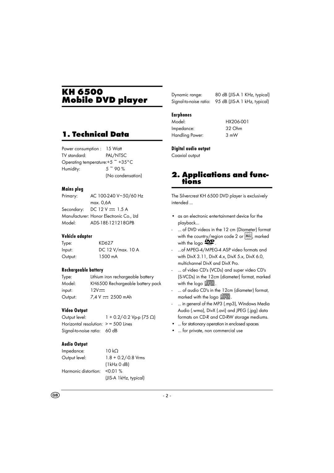 Kompernass KH 6500 instruction manual Technical Data, Applications and func- tions 