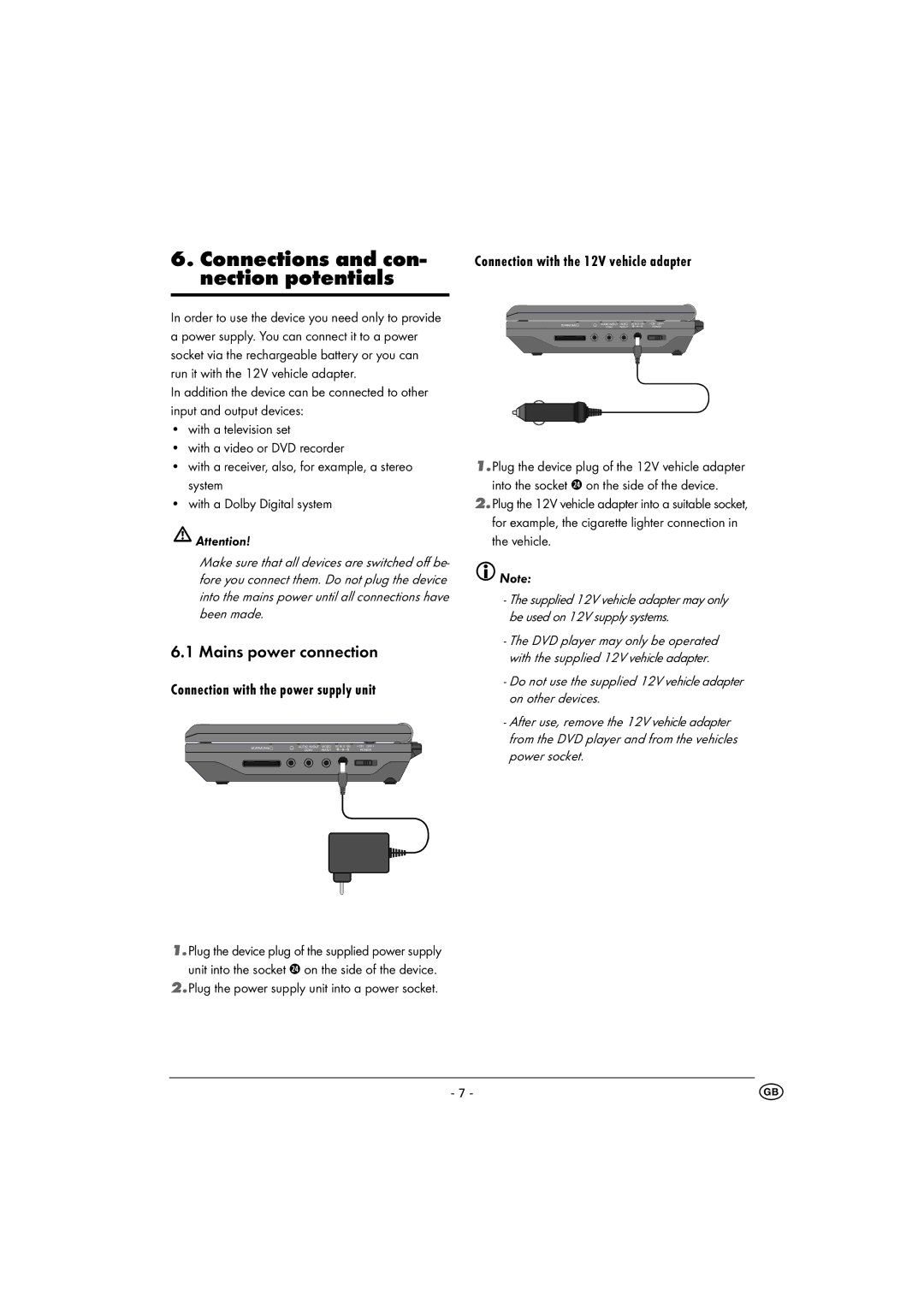 Kompernass KH 6500 Connections and con- nection potentials, Mains power connection, Connection with the power supply unit 