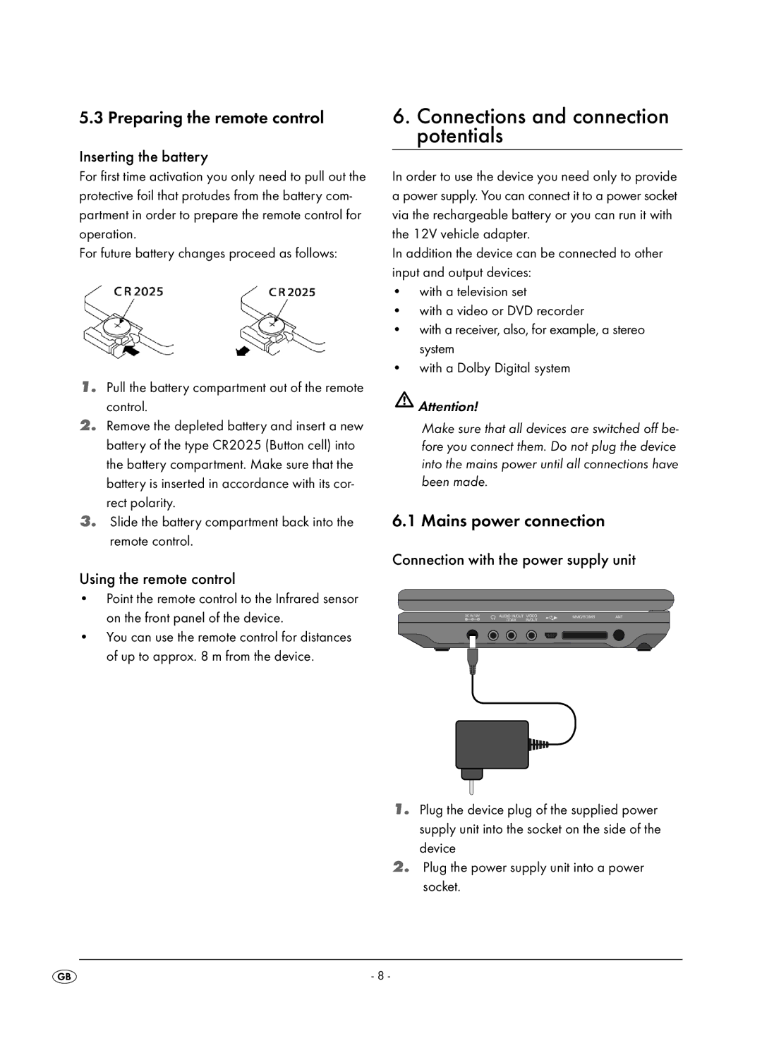 Kompernass KH 6504 Connections and connection potentials, Preparing the remote control, Mains power connection 