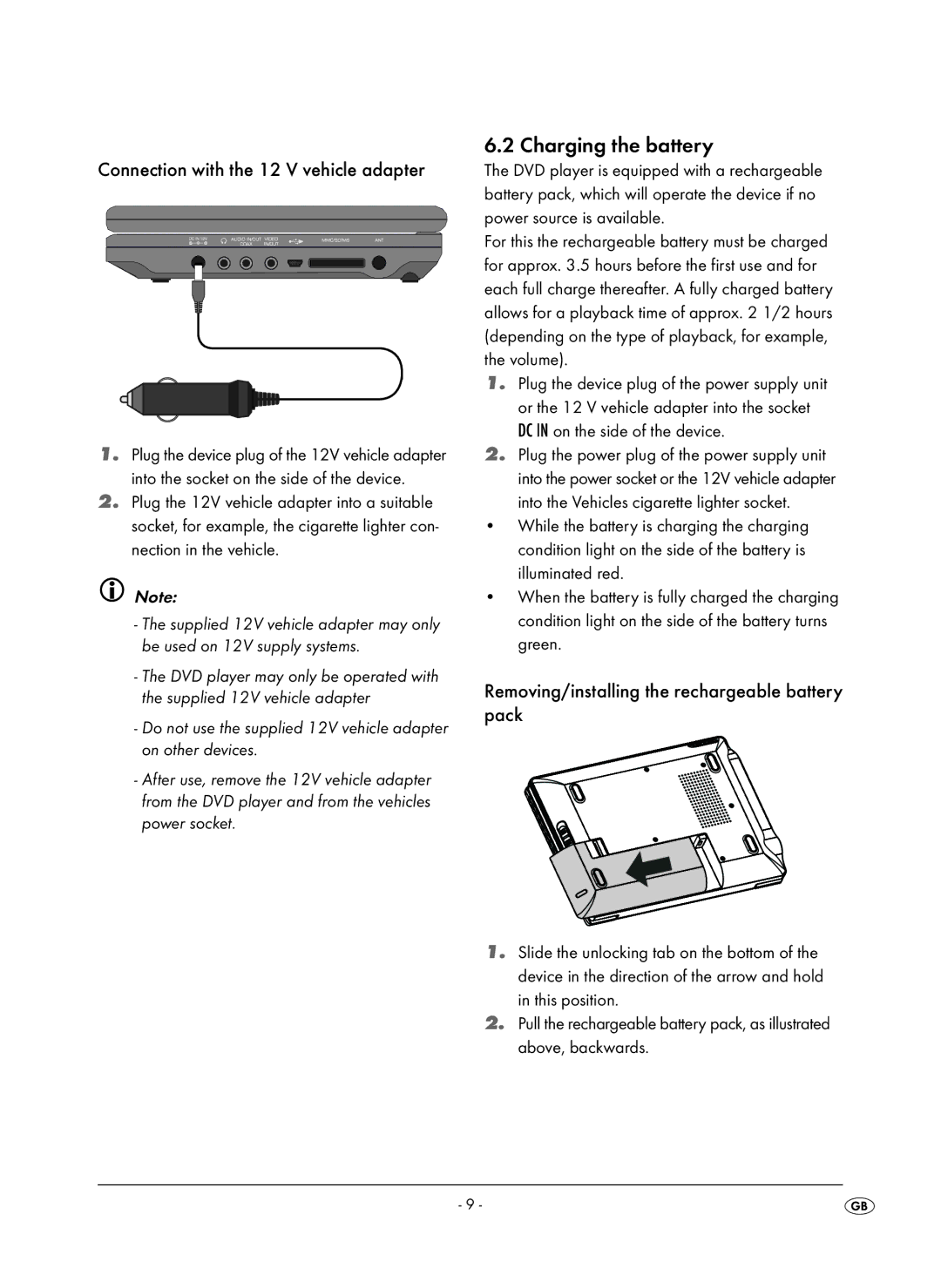 Kompernass KH 6504 operating instructions Charging the battery, Connection with the 12 V vehicle adapter 