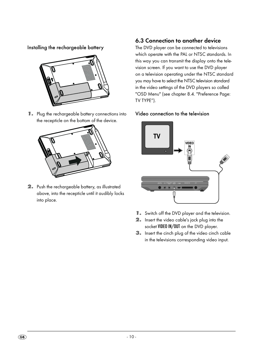 Kompernass KH 6504 Connection to another device, Installing the rechargeable battery, Video connection to the television 