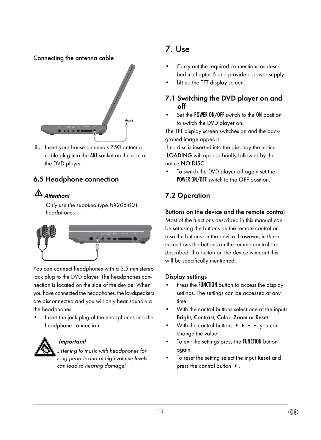 Kompernass KH 6504 operating instructions Use, Headphone connection, Switching the DVD player on and off, Operation 