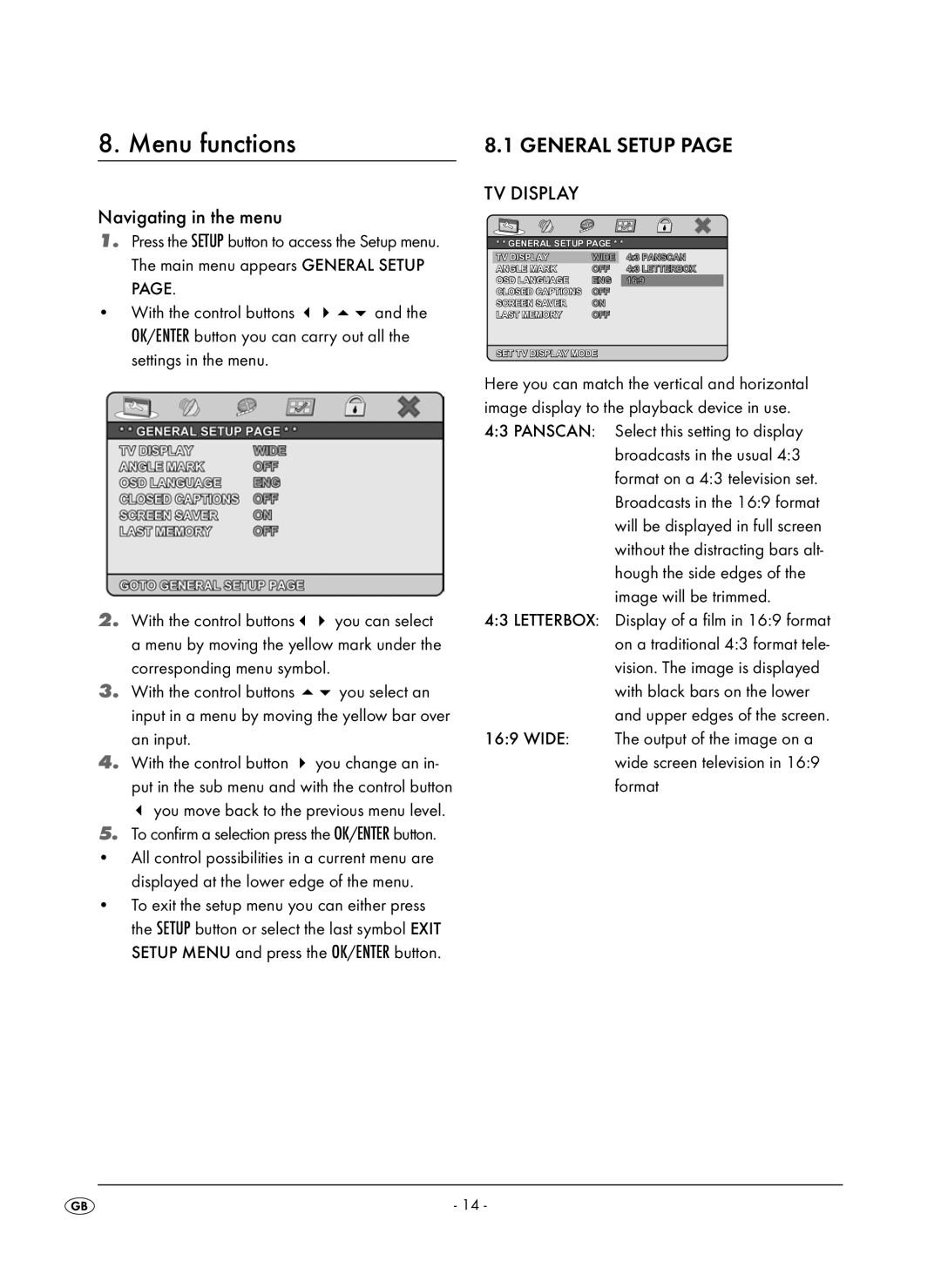 Kompernass KH 6504 operating instructions Menu functions, Navigating in the menu, TV Display, General Setup 