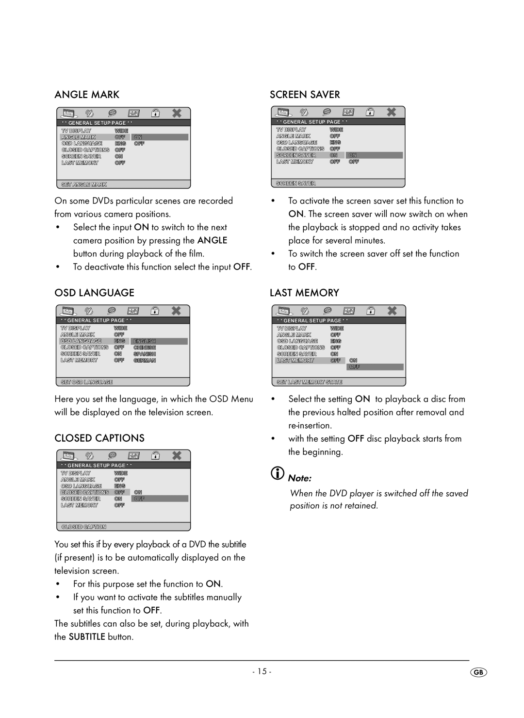 Kompernass KH 6504 operating instructions Angle Mark, Screen Saver, OSD Language, Closed Captions, Last Memory 