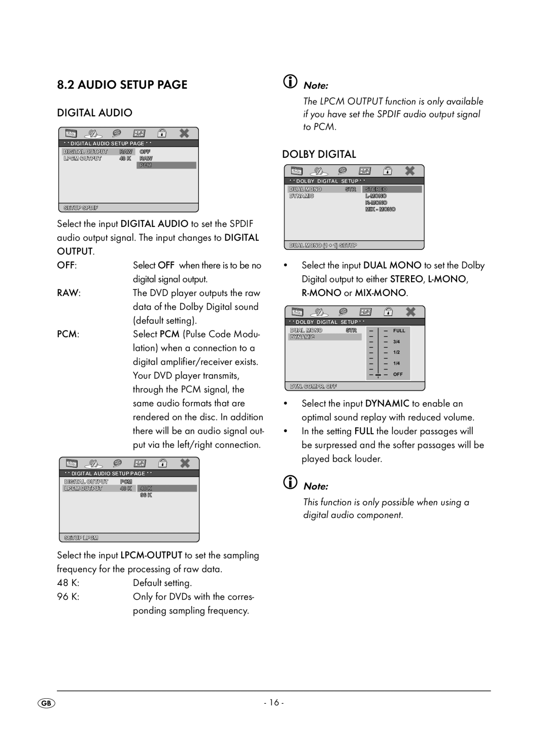 Kompernass KH 6504 operating instructions Digital Audio, Dolby Digital, Off Raw Pcm, KDefault setting 