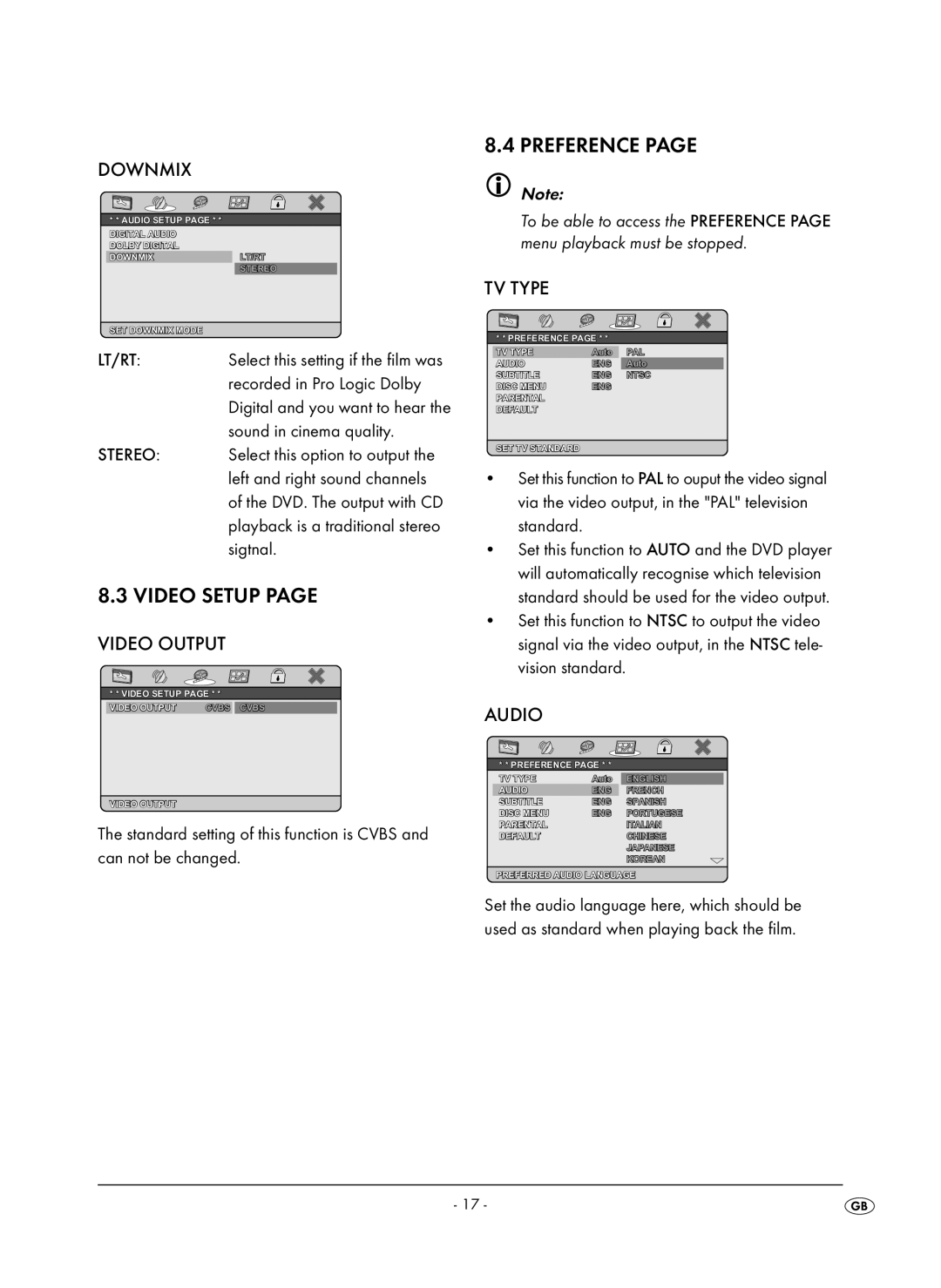 Kompernass KH 6504 operating instructions Downmix, Video Output, TV Type, Audio 