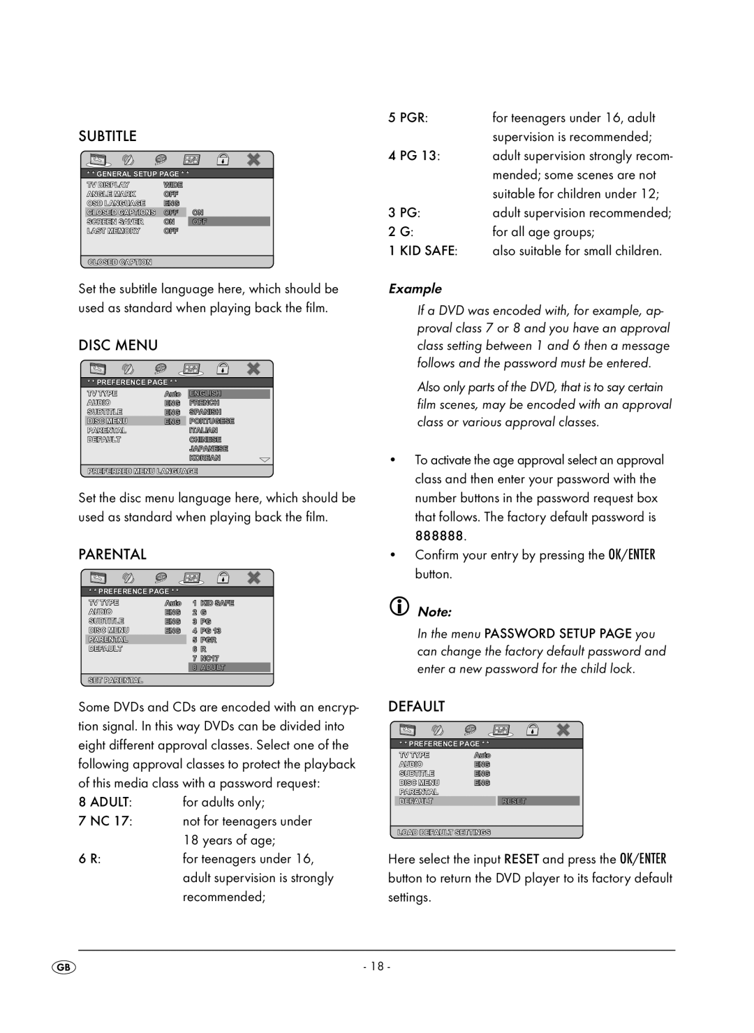 Kompernass KH 6504 operating instructions Subtitle, Disc Menu, Parental, Default, Example 