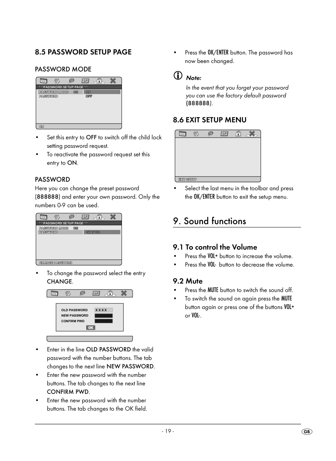 Kompernass KH 6504 operating instructions Sound functions, To control the Volume, Mute, Password Mode 