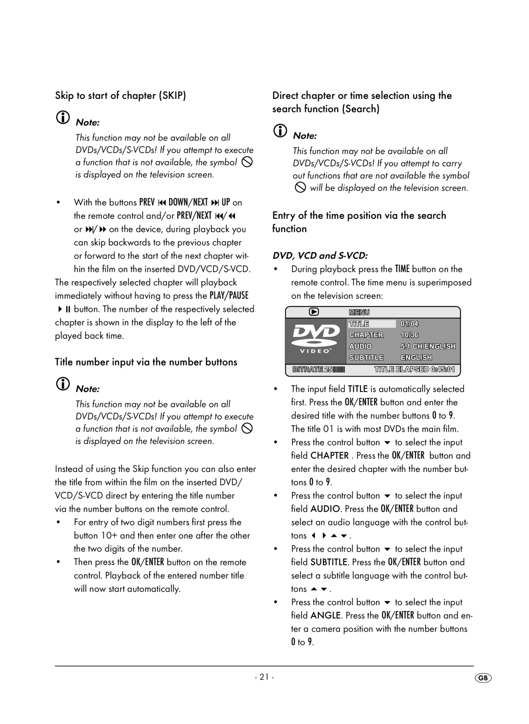 Kompernass KH 6504 Skip to start of chapter Skip, Title number input via the number buttons, DVD, VCD and S-VCD 