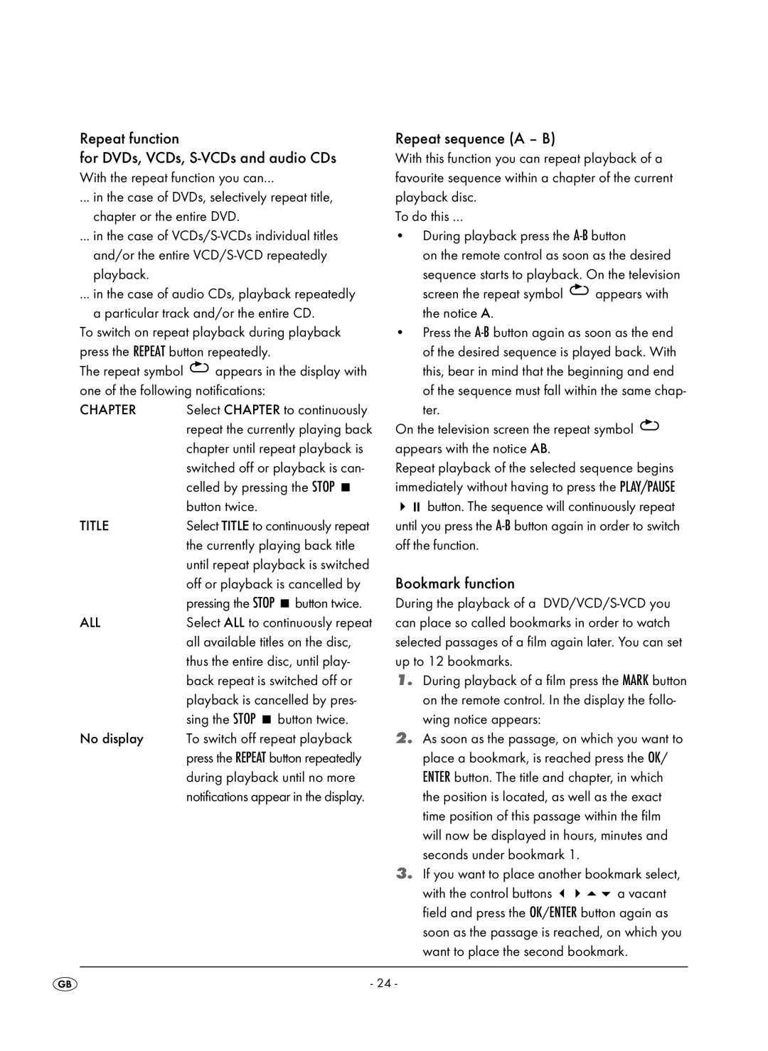 Kompernass KH 6504 operating instructions Repeat function, Repeat sequence a B, Bookmark function 