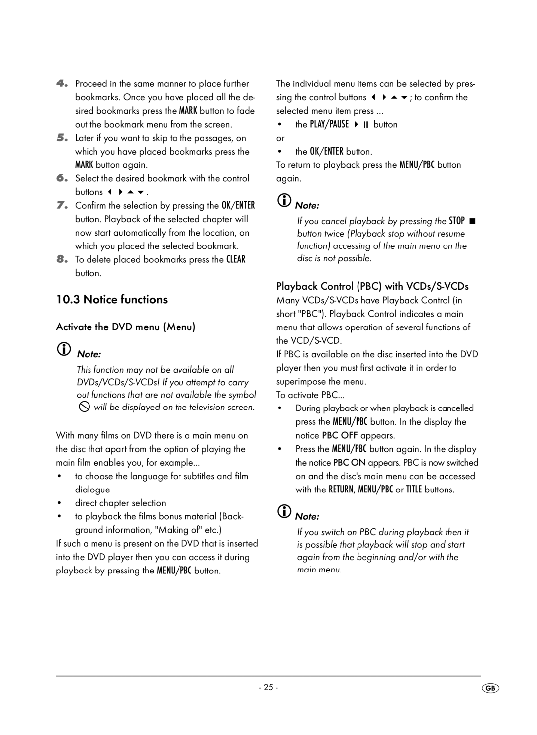 Kompernass KH 6504 operating instructions Activate the DVD menu Menu, Playback Control PBC with VCDs/S-VCDs 