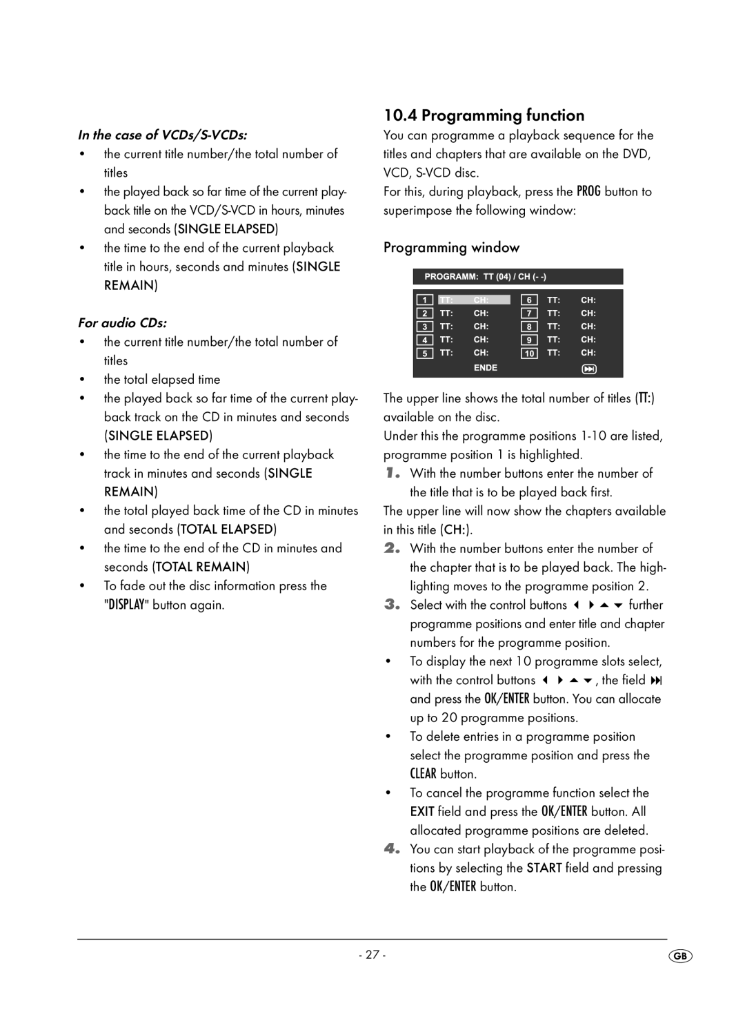 Kompernass KH 6504 Programming function, Programming window, Case of VCDs/S-VCDs, For audio CDs, Single Elapsed 