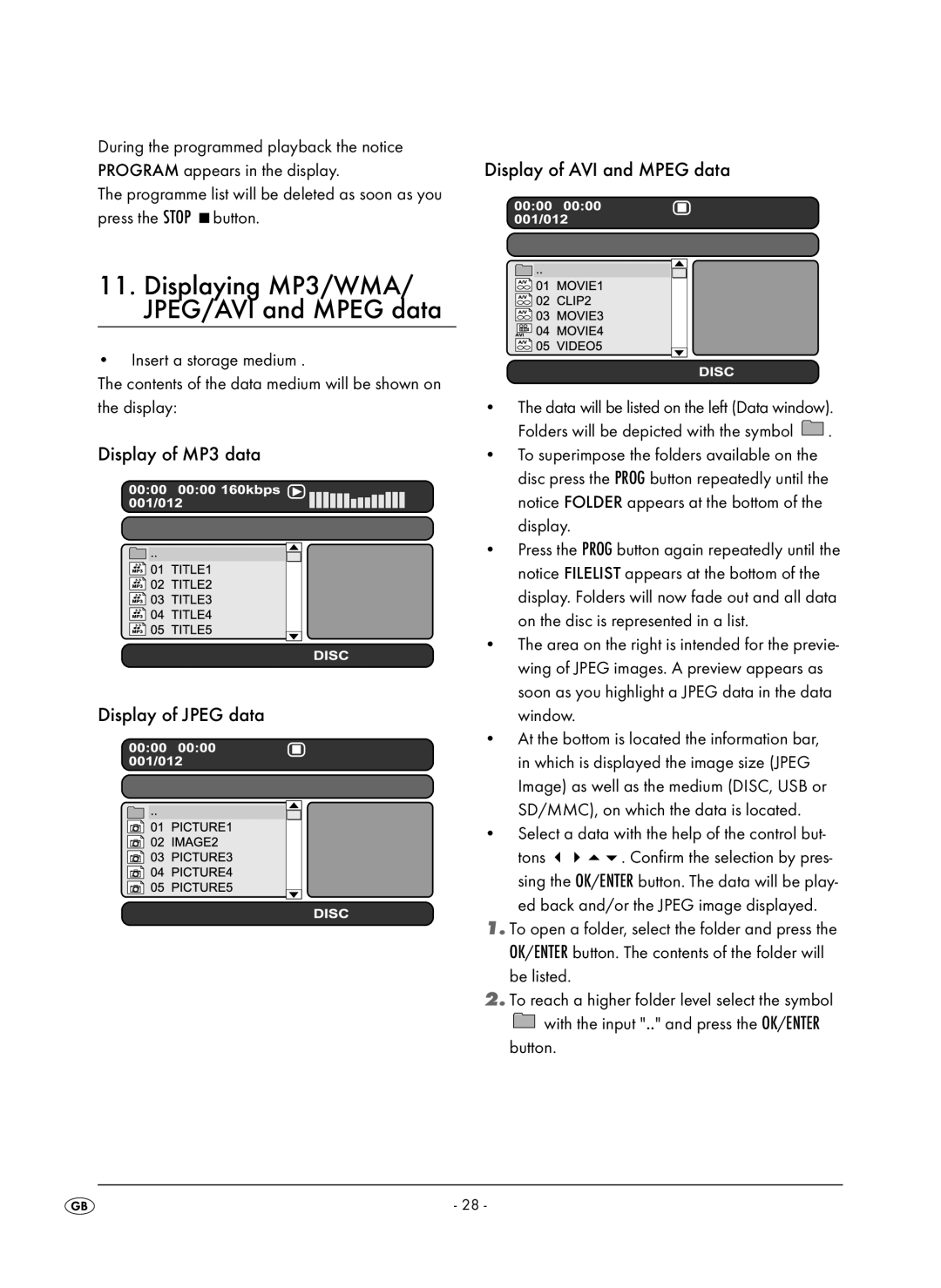 Kompernass KH 6504 operating instructions Displaying MP3/WMA, Display of MP3 data, Display of Jpeg data 