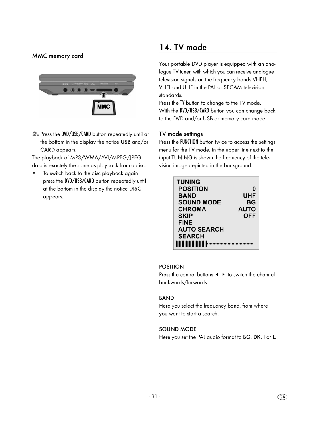 Kompernass KH 6504 operating instructions MMC memory card, TV mode settings 