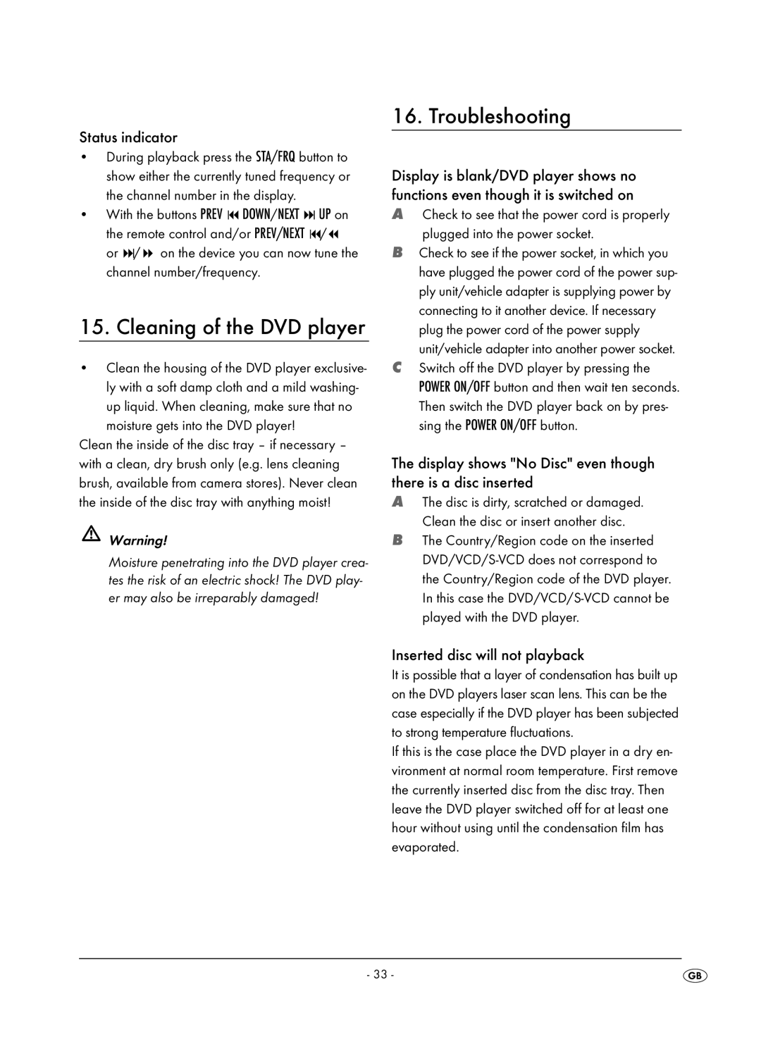 Kompernass KH 6504 Cleaning of the DVD player, Troubleshooting, Status indicator, Inserted disc will not playback 