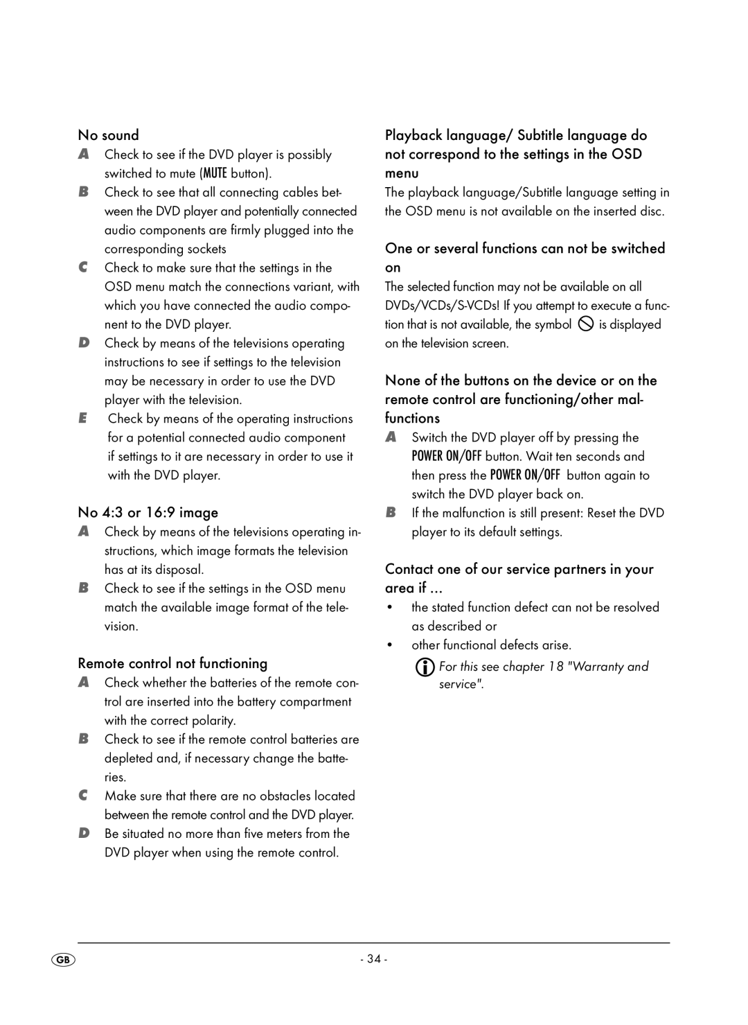 Kompernass KH 6504 operating instructions No sound, No 43 or 169 image, Remote control not functioning 