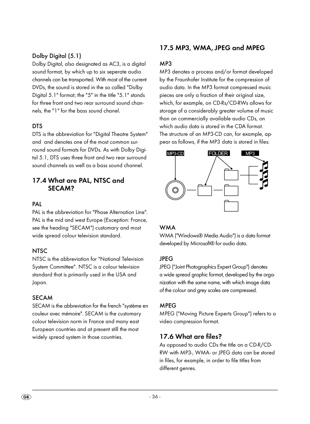 Kompernass KH 6504 operating instructions What are PAL, Ntsc, 17.5 MP3, WMA, Jpeg and Mpeg, What are files? 