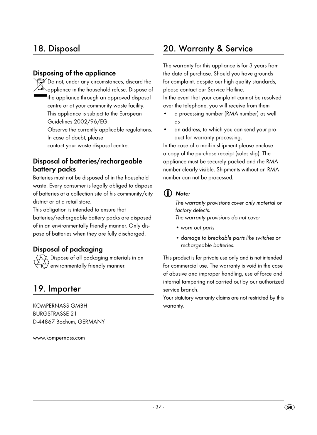 Kompernass KH 6504 Disposal Warranty & Service, Importer, Disposing of the appliance, Disposal of packaging 