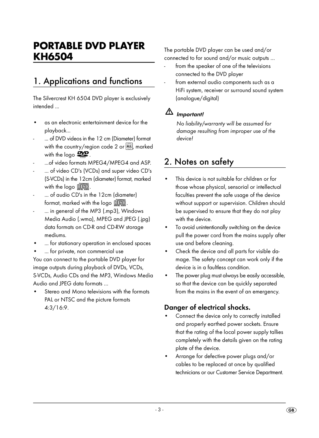 Kompernass KH 6504 operating instructions Applications and functions, With the logo Video formats MPEG4/MPEG4 and ASP 