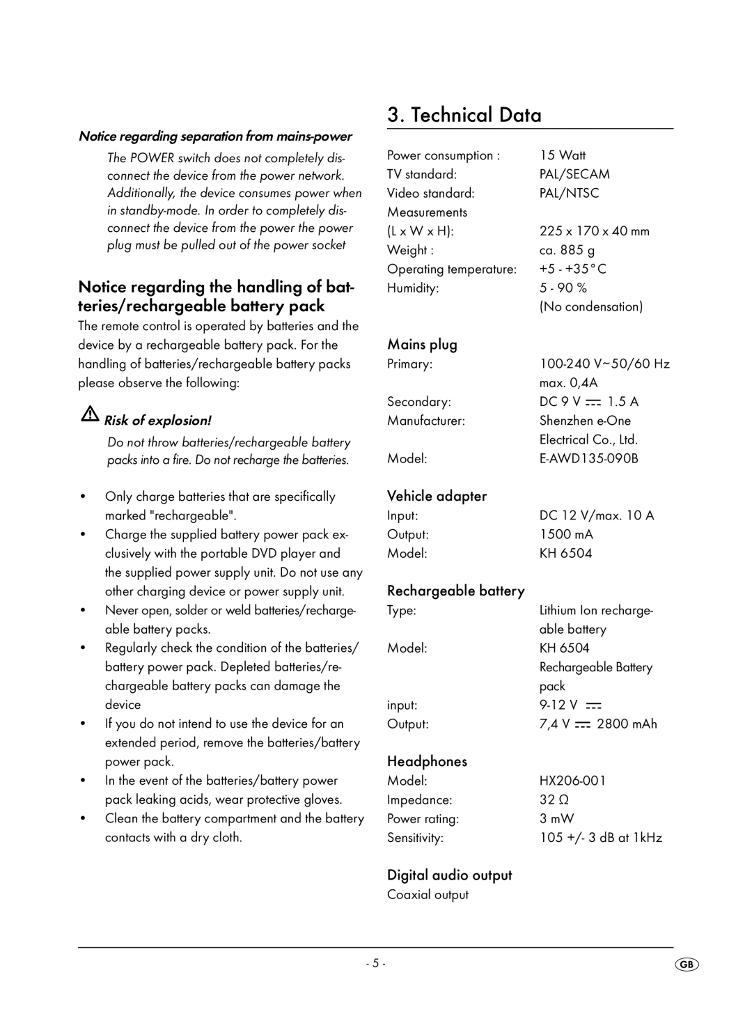 Kompernass KH 6504 operating instructions Technical Data 