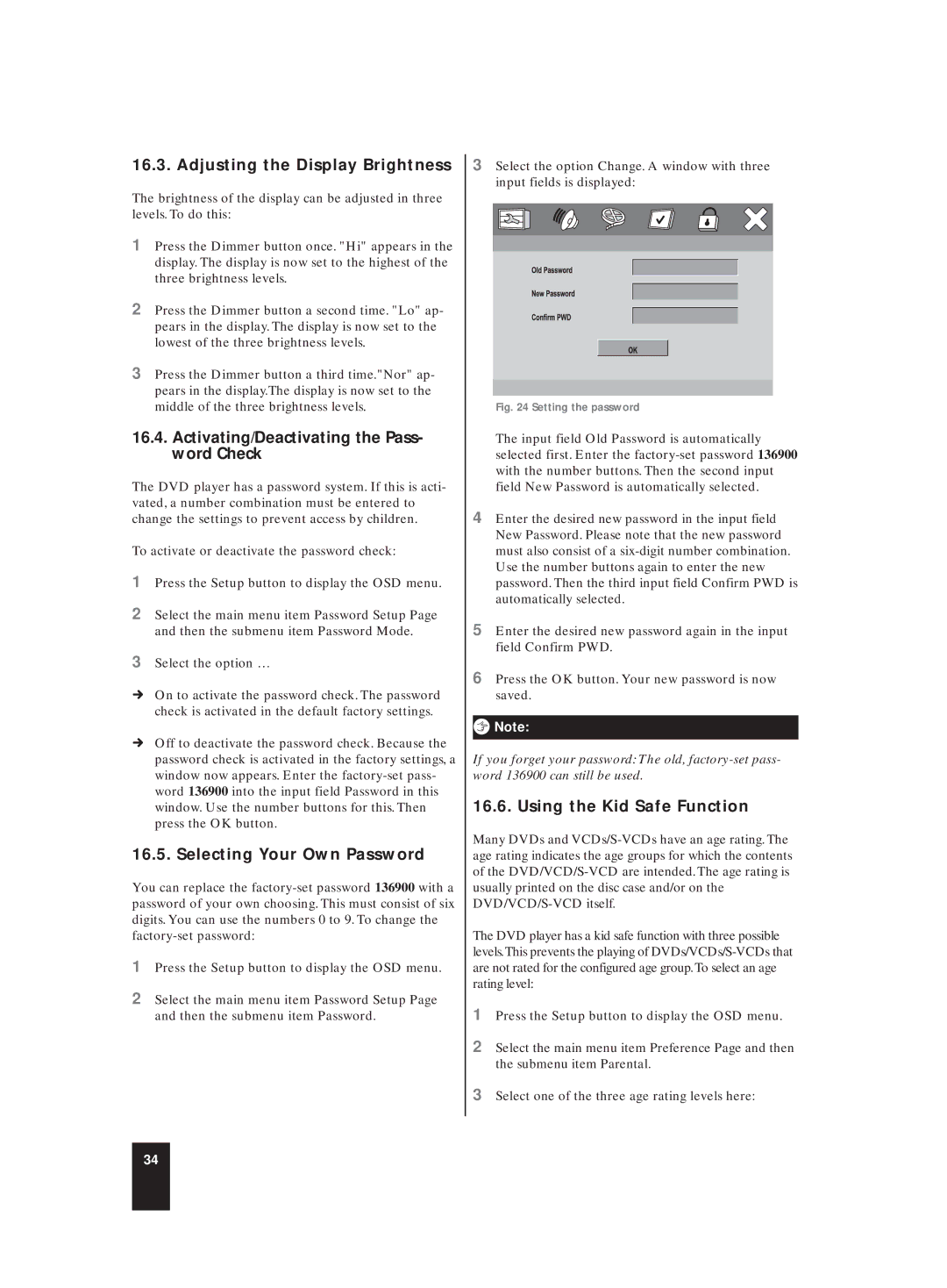 Kompernass KH 6507 manual Adjusting the Display Brightness, Activating/Deactivating the Pass- word Check 