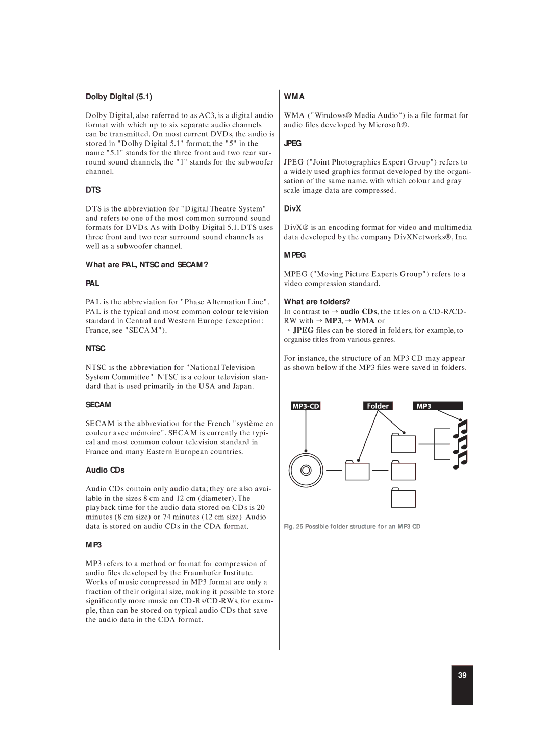 Kompernass KH 6507 manual Dolby Digital, What are PAL, Ntsc and SECAM?, Audio CDs, DivX, What are folders? 