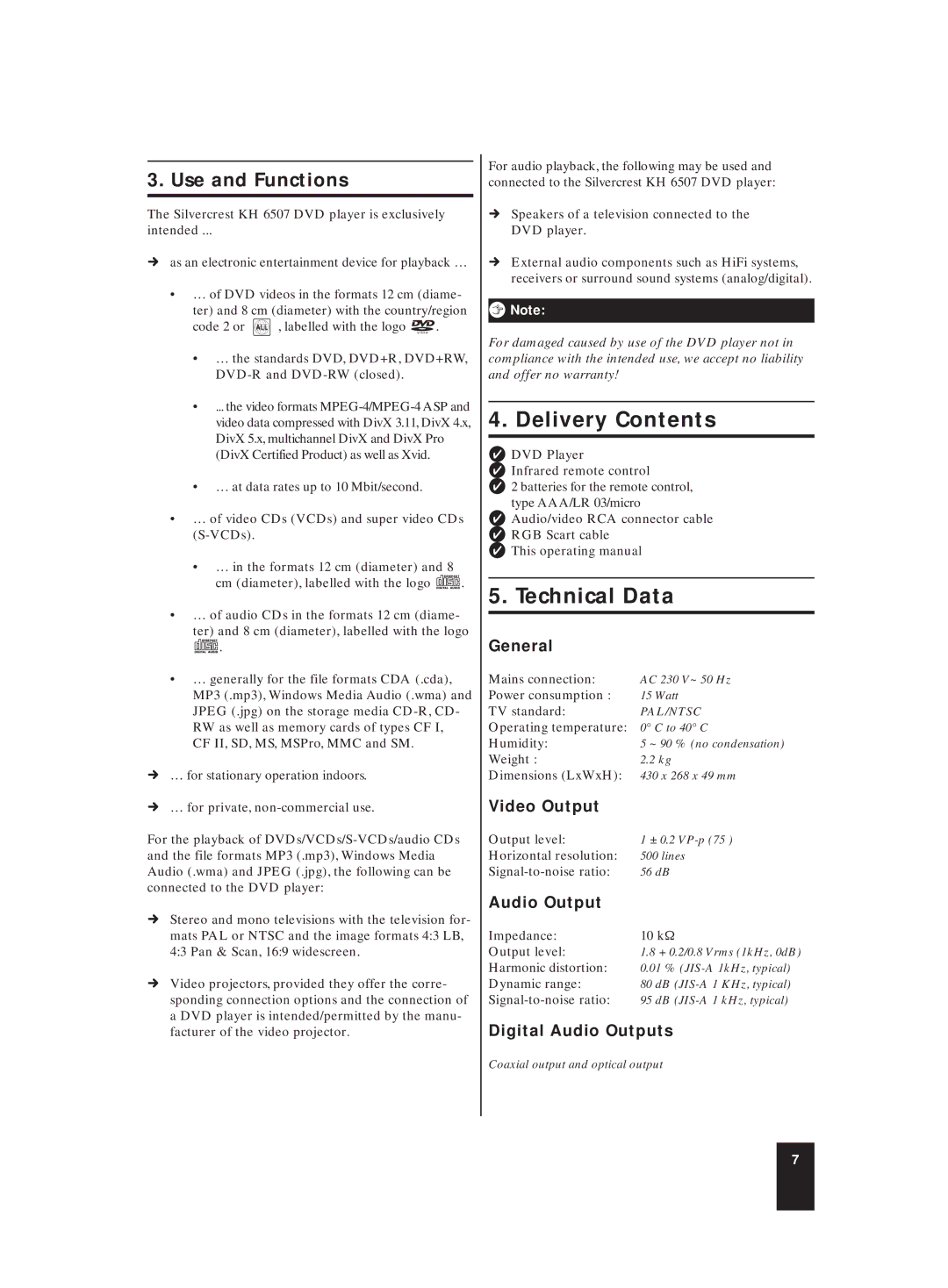 Kompernass KH 6507 manual Delivery Contents, Technical Data 