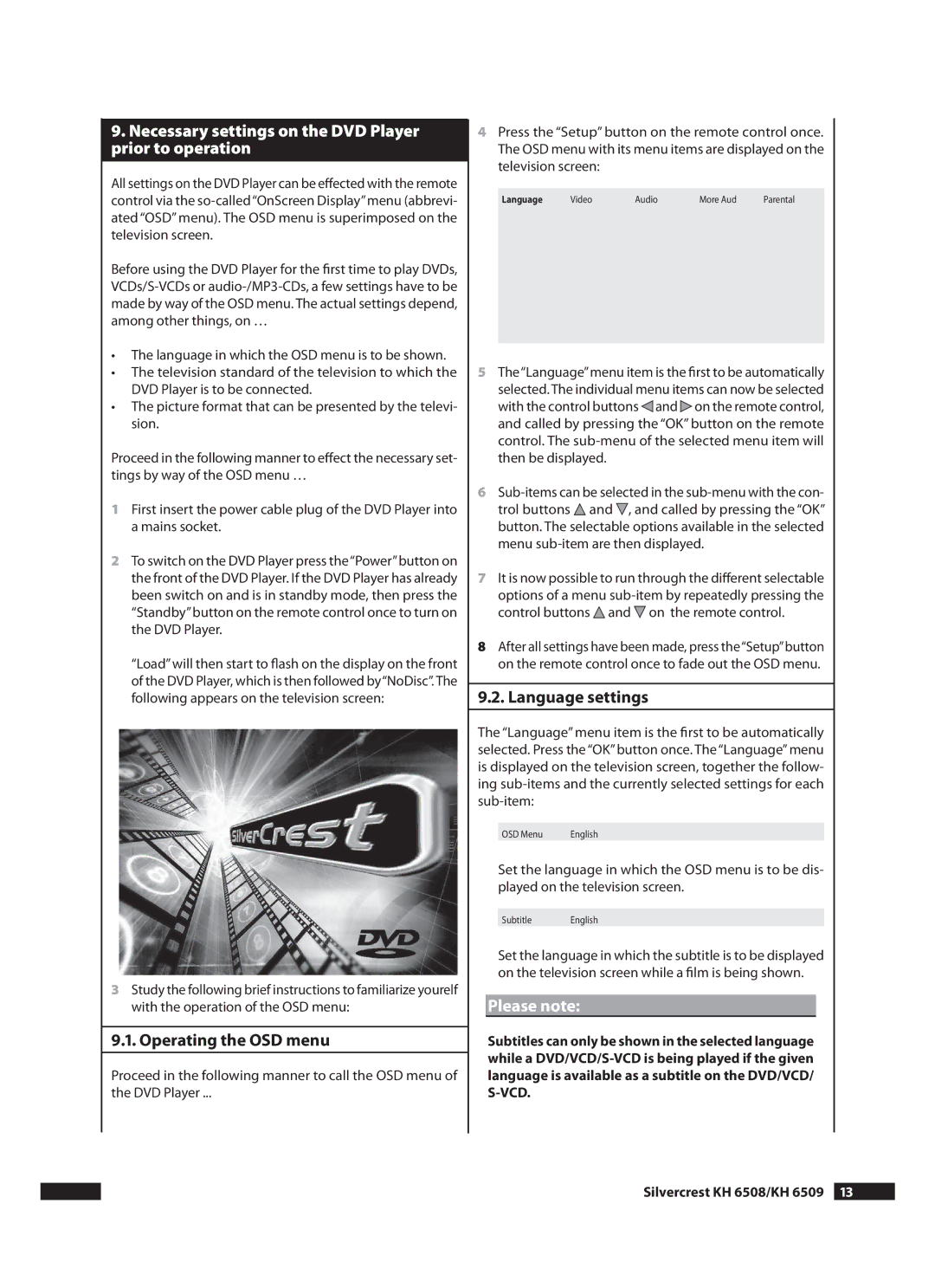 Kompernass KH 6508, KH 6509 Necessary settings on the DVD Player prior to operation, .. Operating the OSD menu 